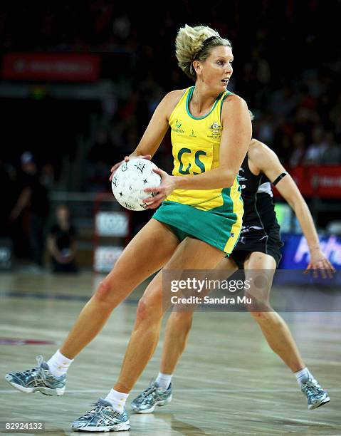 Catherine Cox of the Diamonds looks to pass the ball during game two of the New World Series match between the New Zealand Silver Ferns and the...