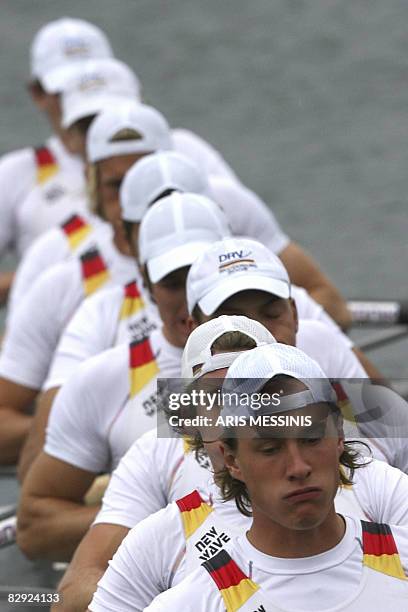 Germany's team compete on the men's eight final during the 2008 European Rowing Championship at the Schinias Olympic Rowing center on September 20,...