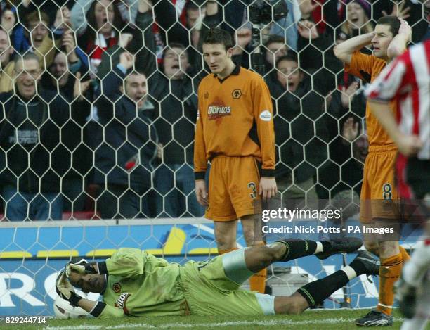 Dejected Wolverhampton Wanderers defenders Lee Naylor and Denis Irwin both look at goalkeeper Matt Murray after he let ball go through his hands for...