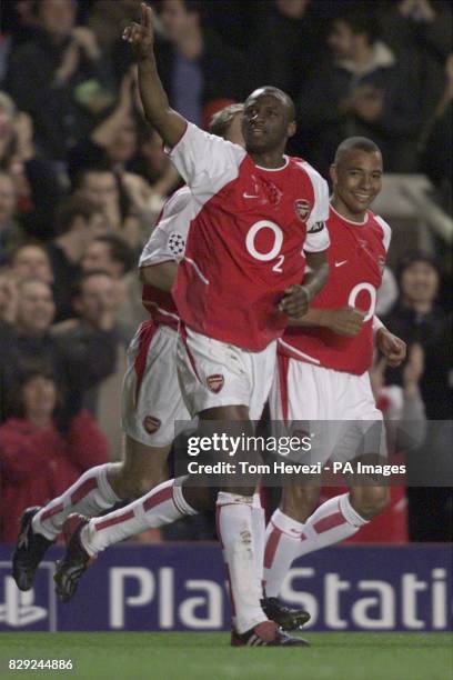 Arsenal's Patrick Vieira celebrates his opening goal during their 2nd round group B Champions League match against Roma at Highbury in north London....