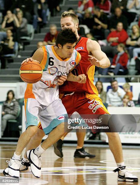 Daniel Joyce of the Blaze in action during the round one NBL match between the Melbourne Tigers and the Gold Coast Blaze at the State Netball and...