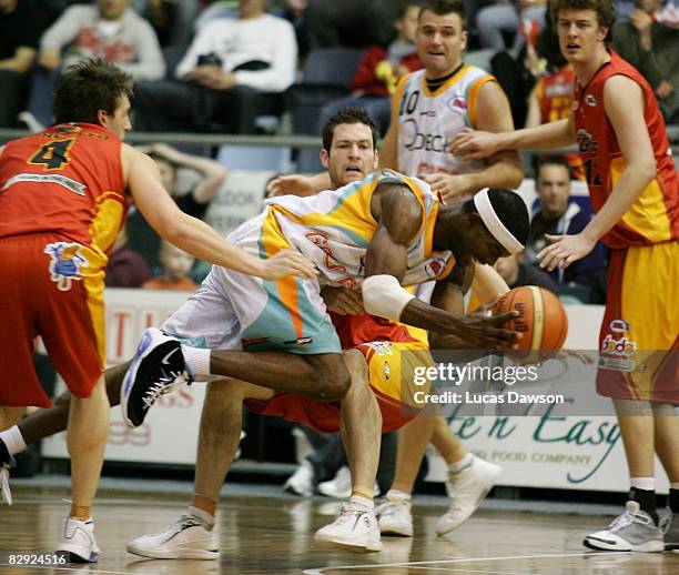 Juaquin Hawkins of the Blaze in action during the round one NBL match between the Melbourne Tigers and the Gold Coast Blaze at the State Netball and...