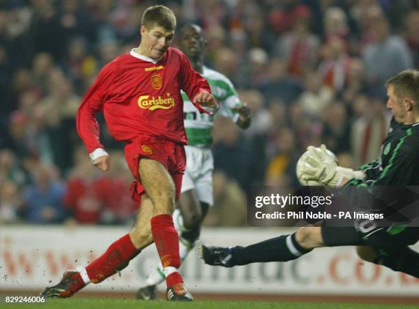 Liverpool's Steven Gerrard sees his shot saved by Celtic's Rab Douglas, during their UEFA cup quarter final second leg at Anfield, Liverpool. THIS...