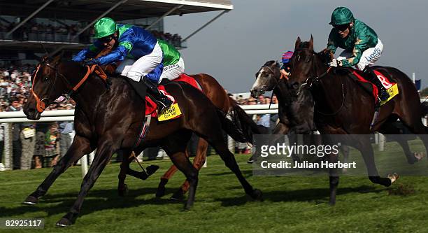 Jim Crowley and Lord Shanakill land The Dubai Duty Free Mill Reef Stakes Race run at Newbury Racecourse on September 20 in Newbury, England.