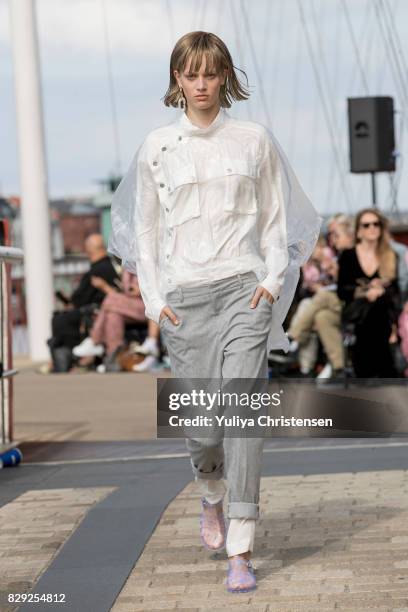 Model on the runway for designer Designers Remix the Copenhagen Fashion Week Spring/Summer 2018 on August 10, 2017 in Copenhagen, Denmark.