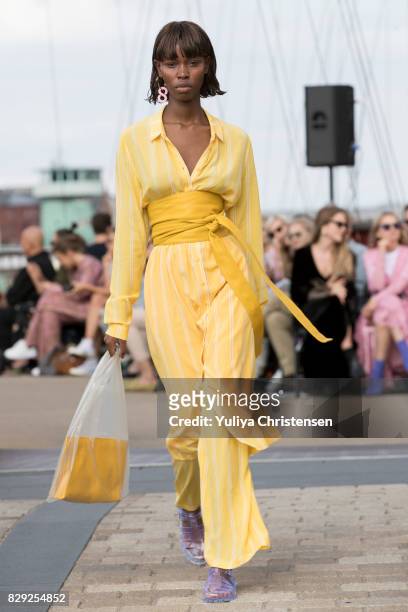 Model on the runway for designer Designers Remix the Copenhagen Fashion Week Spring/Summer 2018 on August 10, 2017 in Copenhagen, Denmark.