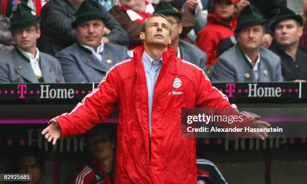 Juergen Klinsmann, head coach of Bayern Muenchen reacts during the Bundesliga match between FC Bayern Muenchen and Werder Bremen at the Allianz Arena...