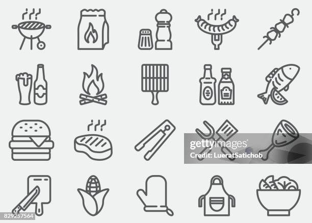 stockillustraties, clipart, cartoons en iconen met bbq-barbecue grill lijn pictogrammen - grilled