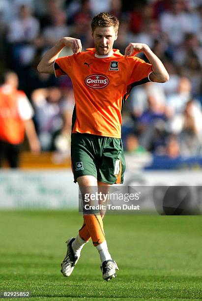 Paul Gallagher of Plymouth Argyle celebrates scoring his side's second goal during the Coca Cola Championship match between Crystal Palace and...