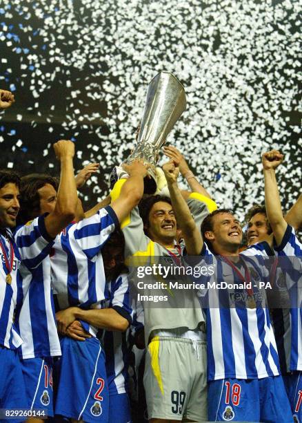 Porto keeper Vitor Baia holds the UEFA cup aloft at the end of the UEFA Cup Final between Celtic FC v FC Porto at the Estadio Olimpico, in Seville,...