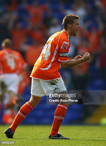 Rob Edwards celebrates after Gary Taylor-Fletcher of Blackpool scored his teams first goal during the Coca Cola Championship match between Birmingham...