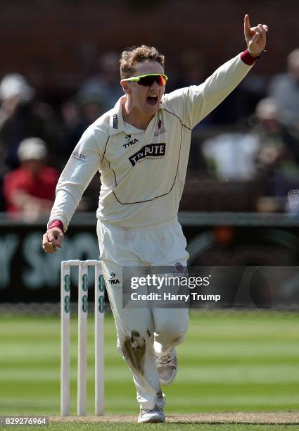 Dom Bess of Somerset celebrates after dismissing Scott Borthwick of Surrey during Day Four of the Specsavers County Championship Division One match...