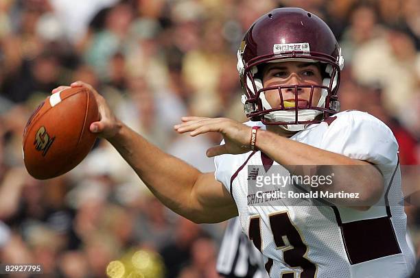 Quarterback Dan LeFevour of the Central Michigan Chippewas drops back to pass against the Purdue Boilermakers at Ross-Ade Stadium on September 20,...