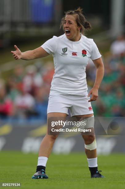 Katy Mclean of England issues instructions during the Women's Rugby World Cup 2017 Group B match between England and Spain at the UCD Bowl on August...