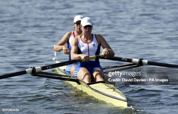 Katherine Grainger from Aberdeen and Cath Bishop from Leigh-on-Sea compete in the Women's Pair heats at the Schinias Olympic Rowing Centre during the...