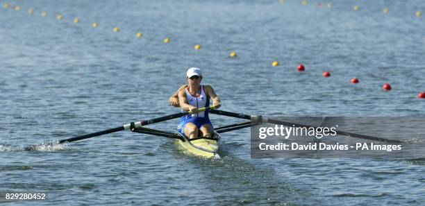 Katherine Grainger from Aberdeen and Cath Bishop from Leigh-on-Sea compete in the Women's Pair heats at the Schinias Olympic Rowing Centre during the...