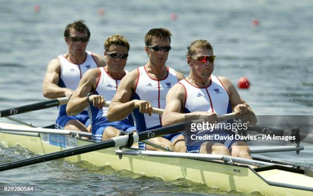 Britain's Men's Four rowing team Matthew Pinsent, Ed Coode, James Cracknell and Steve Williams compete in their heat at the Schinias Olympic Rowing...