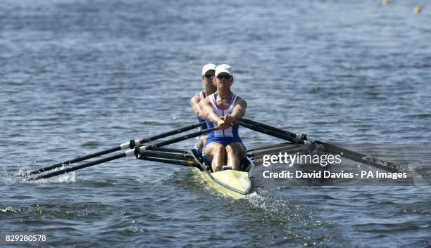 Britain's Women's Double Sculls team Sarah Winckless from Reading and Elise Laverick from West Sussex compete in their heat at the Schinias Olympic...