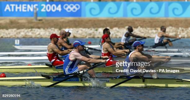 Britain's Men's Double Sculls rowing team Matthew Wells from Hexham and Matthew Langridge from Cheshire compete in their heat at the Schinias Olympic...