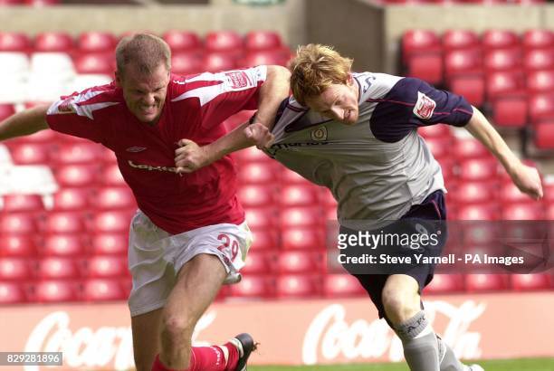Nottingham Forest's Jon Olav Hjelde in action against Crewe's Steve Jones during their Coca-Cola Championship match at the City Ground, Nottingham,...