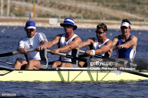 Great Britain's Men's Four rowing team Matthew Pinsent, Ed Coode, James Cracknell and Steve Williams practice at the Schinias Olympic Rowing Centre.