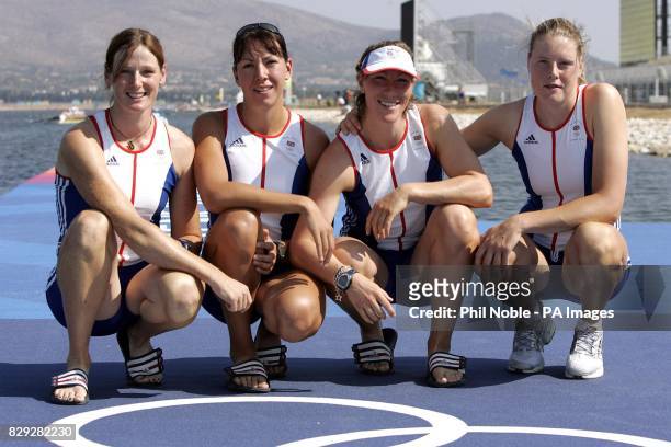 Great Britain's Womens Quad Sculls rowing team Alison Mowbray, Rebecca Romero, Debbie Flood and Frances Houghton before practice at the Schinias...
