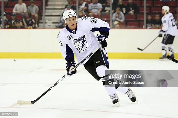 Steven Stamkos of the Tampa Bay Lightning warms up on the ice before the start of a preseason game against the Pittsburgh Penguins on September 20,...