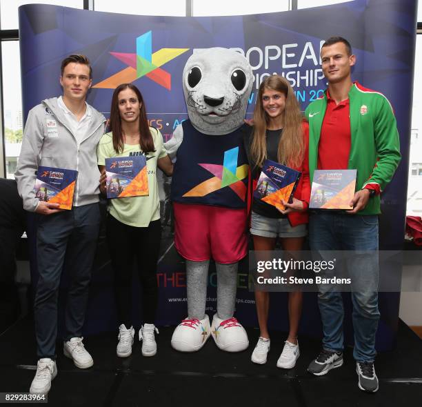 Karsten Warholm of Norway, Katerina Stefanidi of Greece, Konstanze Klosterhalfen of Germany and Balzs Baji of Hungary, pose with the Glasgow 2018...