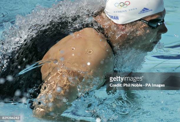 Great Britain's James Hickman from Manchester competes in his Men's 100m Butterfly heat at the Olympic Aquatic Centre in Athens, Greece.