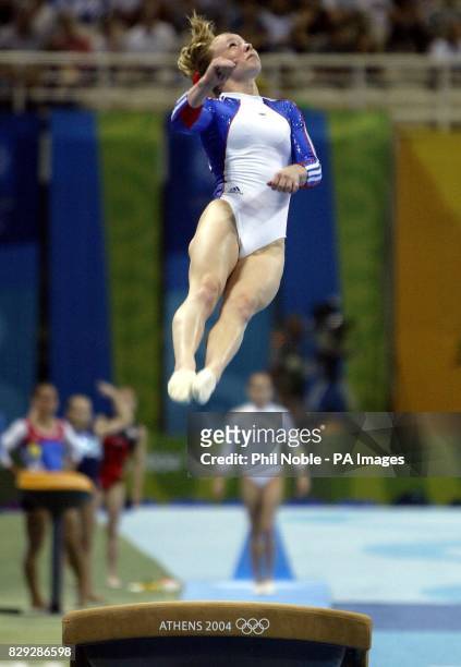British gymnast Katy Lennon competes on the vault during the Women's Individual Artistic Gymnastics final at the Olympic Indoor Hall in Athens,...