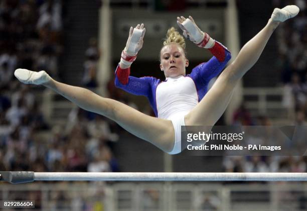 British gymnast Katy Lennon on the bars during the Women's Individual Artistic Gymnastics final at the Olympic Indoor Hall in Athens, Greece.