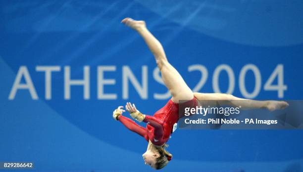 American gymnast Carly Patterson on her way to winning Olympic Gold Medal in the Women's Individual Artistic Gymnastics final at the Olympic Indoor...