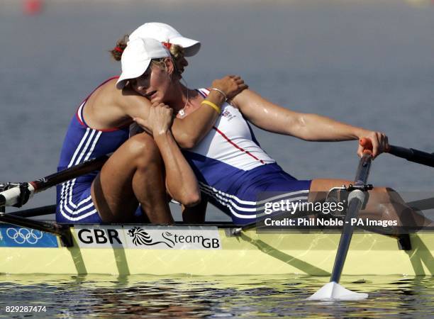 Great Britain's Elise Laverick and Sarah Winckless react after finishing third in the Women's Double Sculls rowing final during the 2004 Olympic...