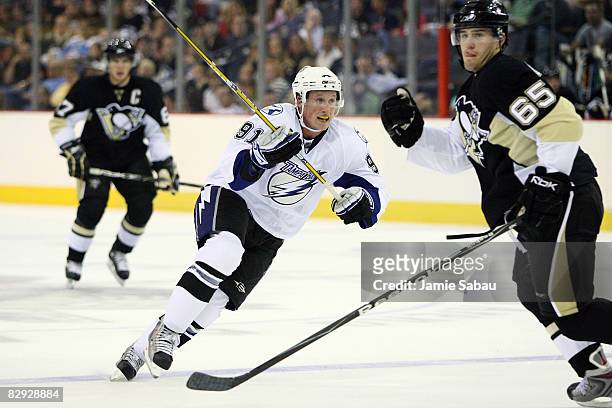 Steven Stamkos of the Tampa Bay Lightning skates past Ben Lovejoy of the Pittsburgh Penguins on September 20, 2008 at Mellon Arena in Pittsburgh,...