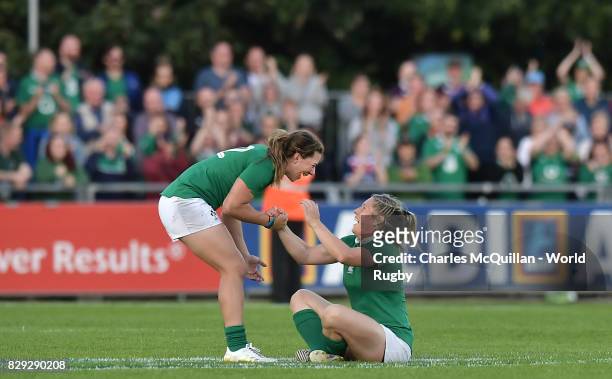 Katie Fitzhenry and Alison Miller of Ireland celebrate victory after the final whistle during the Womens Rugby World Cup 2017 Pool C game between...