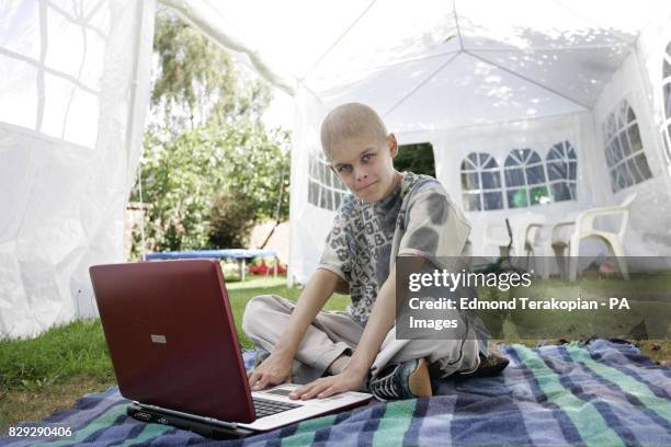 Joshua Hartley sits in the shade under a gazebo at his home in Romsey, Hampshire, as he begins, his recovery from a life-saving bone marrow...