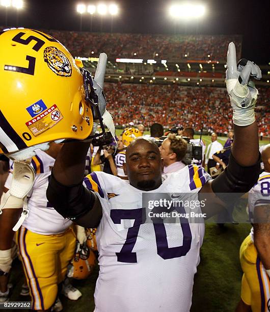 Offensive tackle Ciron Black of the LSU Tigers celebrates after defeating the Auburn Tigers at Jordan-Hare Stadium on September 20, 2008 in Auburn,...