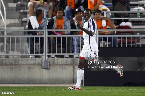 Kenny Mansally of the New England Revolution celebrates his goal against the Colorado Rapids on September 20, 2008 at Dicks Sporting Goods Park in...