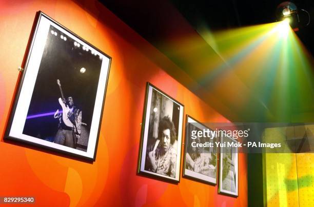 Photographs on display at the press preview for the exhibition Jimi At The Marquee, featuring the world's largest collection of Jimi Hendrix...