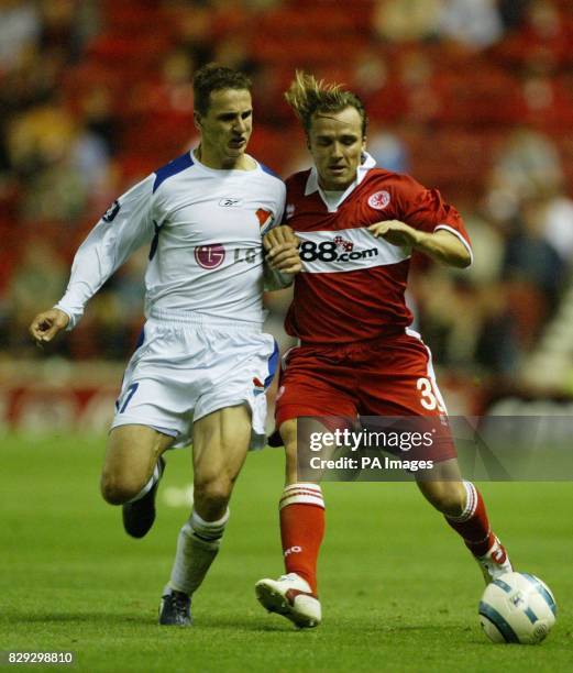 Boro's Bolo Zenden and Zdenek Pospech of Banik Ostrava during the UEFA Cup First Round, First Leg, tie at the Riverside Stadium, Middlesbrough. THIS...