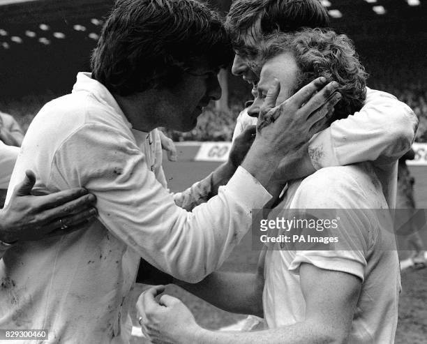 Leeds United goalscorer Billy Bremner is congratulated by his teammates during the FA Cup semi-final match against Wolves at Maine Road, Manchester.