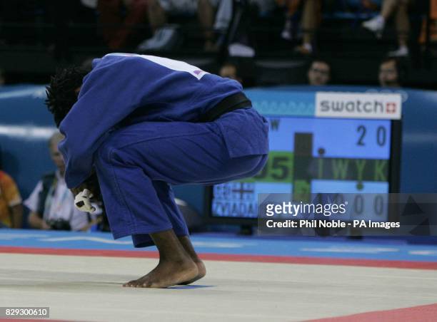 British judo star Winston Gordon from Tooting, south London, is dejected after losing to Zurab Zvradauri of Georgia in the Men's 90kg class at the...