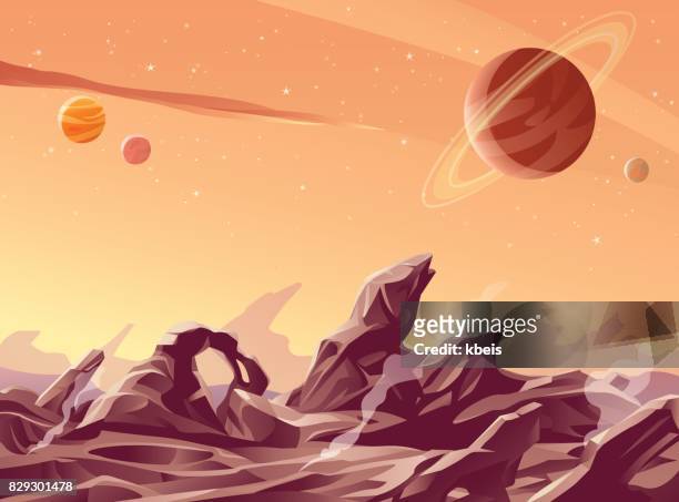 volcanic planet - galaxy space explore stock illustrations
