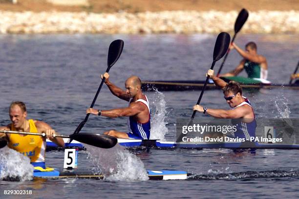 Great Britain's Ian Wynne and Paul Darby-Dowman compete in the Canoe / Kayak Flatwater Racing Men's K2 1000m final at the Schinias Olympic Centre in...
