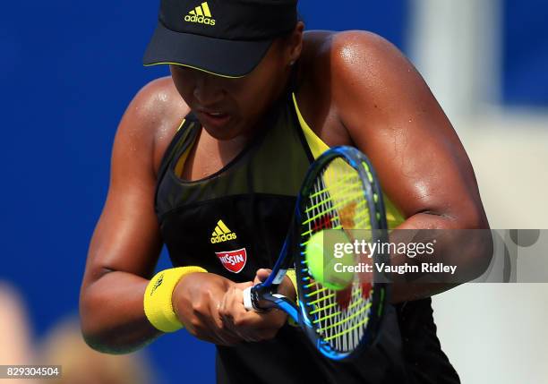 Naomi Osaka of Japan plays a shot against Karolina Pliskova of Czech Republic during Day 6 of the Rogers Cup at Aviva Centre on August 10, 2017 in...