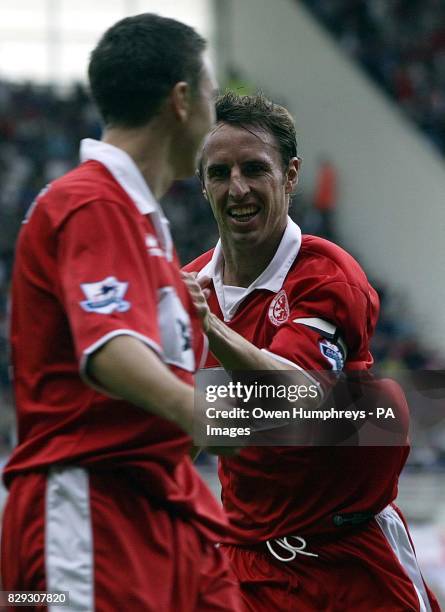 Middlesbrough's Gareth Southgate celebrates an own goal by Crystal Palace during their Barclays Premiership match at the Riverside Stadium,...