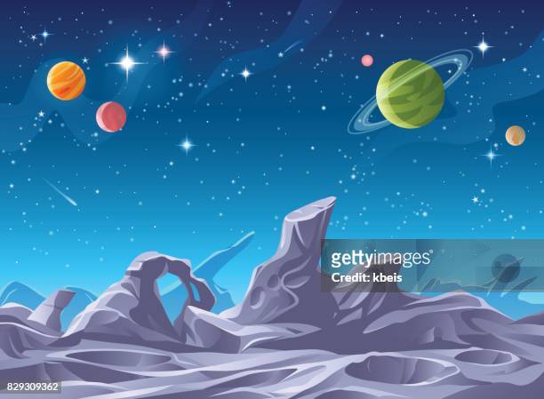 illustrazioni stock, clip art, cartoni animati e icone di tendenza di superficie del pianeta alieno - spazio vuoto