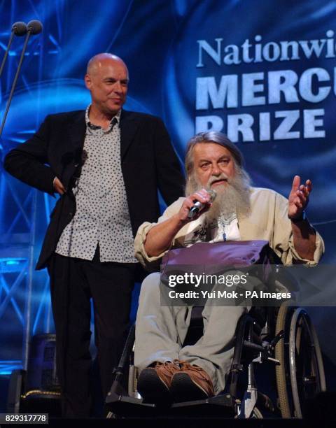 Brian Eno presentes the Nominee Award to Robert Wyatt during the annual Nationwide Mercury Music Prize at Grosvenor House, Park Lane, in central...