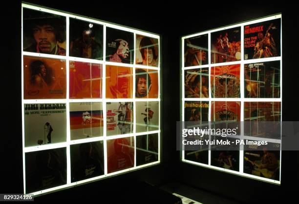 Album covers on display at the press preview for the exhibition Jimi At The Marquee, featuring the world's largest collection of Jimi Hendrix...