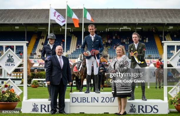 Dublin , Ireland - 10 August 2017; Bertram Allen of Ireland, centre, who finished first on Izzy By Picobello, alongside Karen Polle of Japan, left,...